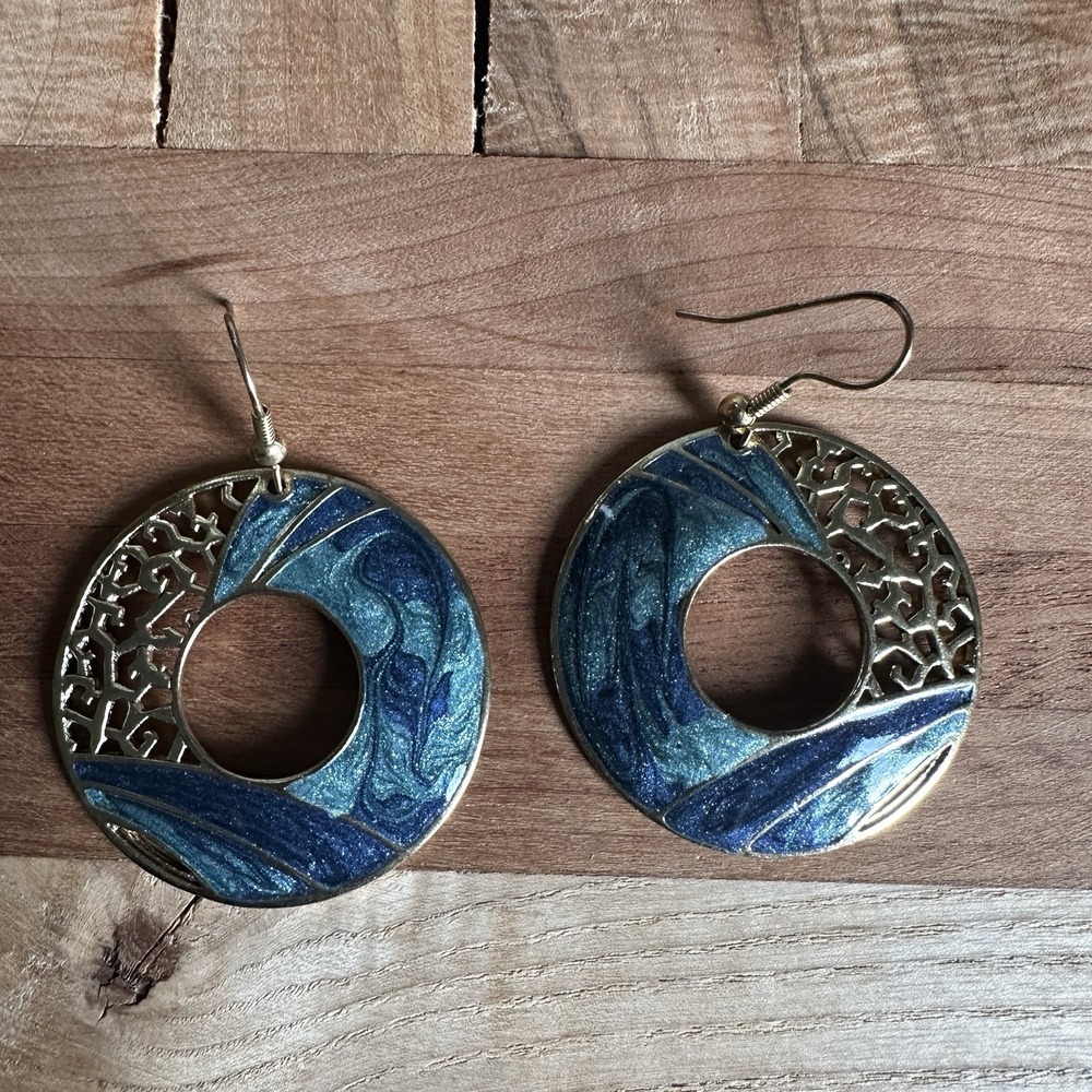 VTG 90s Edgar Berebi Signed Dangle Earrings 2 Inch Gold‎ Shades Of Blue Enamel